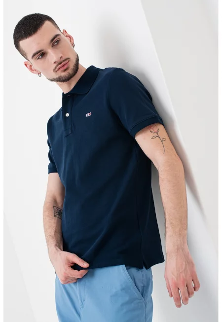 Памучна тениска с яка - Бял/Тъмносин