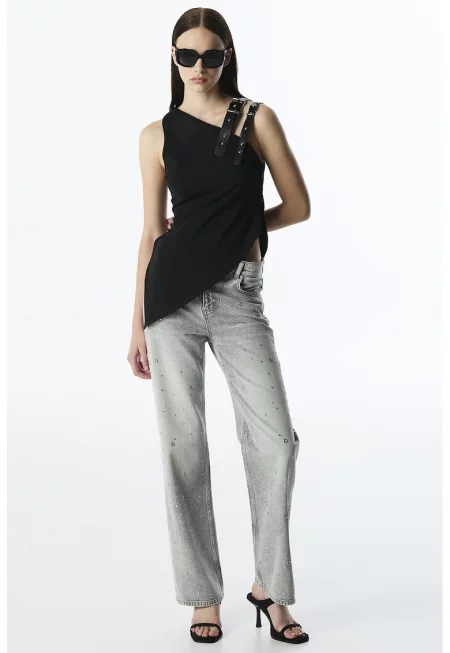 Прави дънки с декоративни камъни - Сив