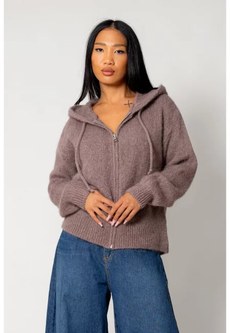 Пуловер-яке микс от вълна и мохер Таупе 18243 - Тъмнобежово