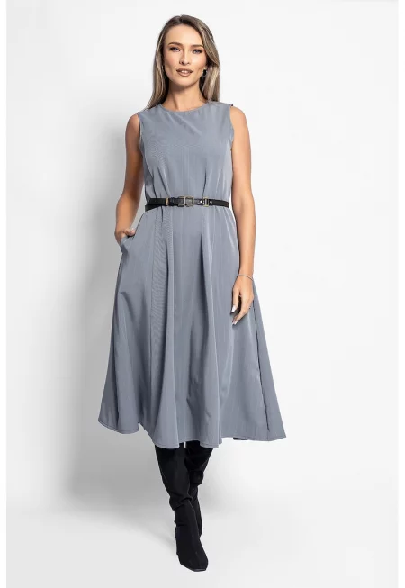Разкроена рокля без ръкави с колан - Сив