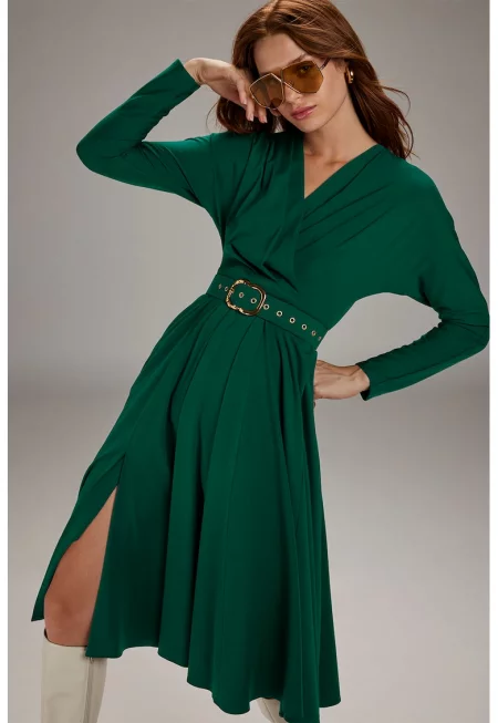 Разкроена рокля с шпиц и колан - Тъмнозелен