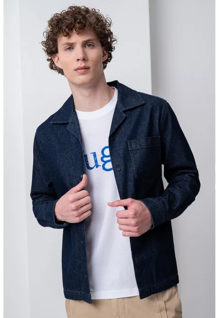 Риза от деним с ниска яка - Тъмносин