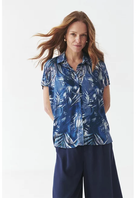 Риза с къси ръкави и шарка - Бял/Тъмносин