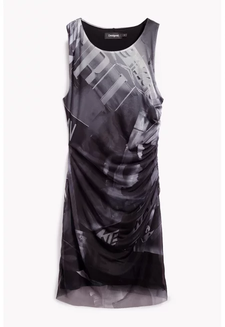 Рокля с принт и мрежест слой - Бял/Антрацитно сиво