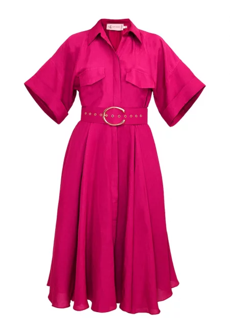 Рокля тип риза с лен с колан - Яркорозово