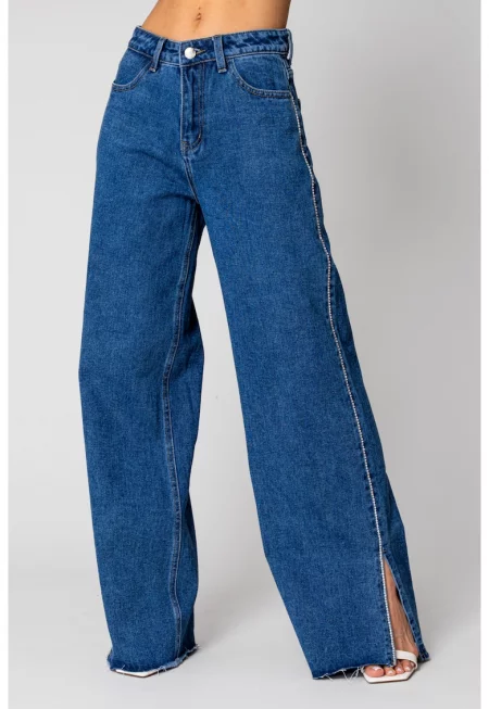 Широки дънки от деним с кристали в синьо 16342