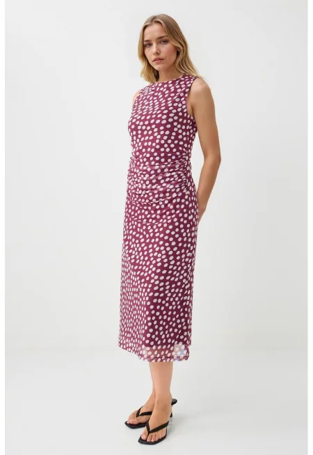 Слим рокля на точки - Бял/Бордо