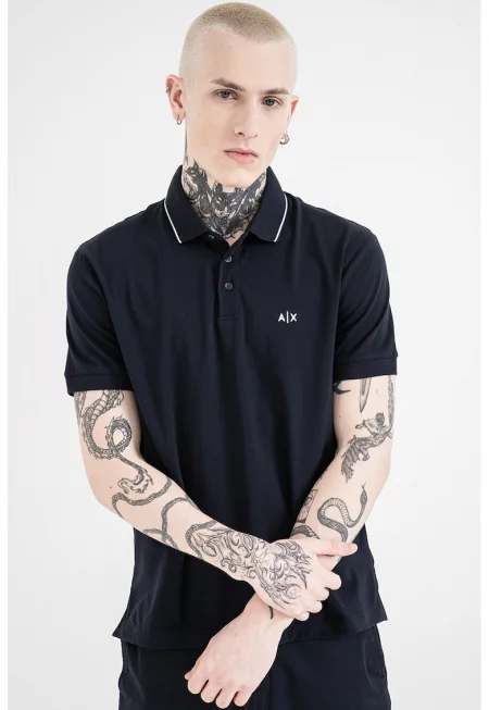 Слим тениска с яка - Бял/Тъмносин