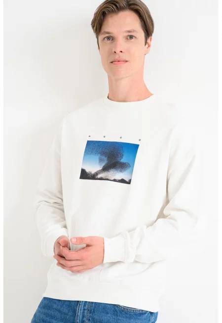 Суитшърт с овално деколте и принт - Бял/Син