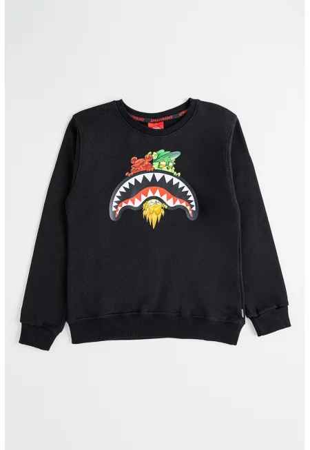 Суитшърт с овално деколте и принт - Черен