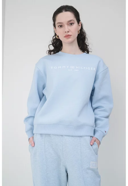 Суитшърт с овално деколте с лого - Светлосин