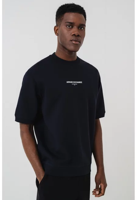 Тениска с лого и овално деколте - Тъмносин