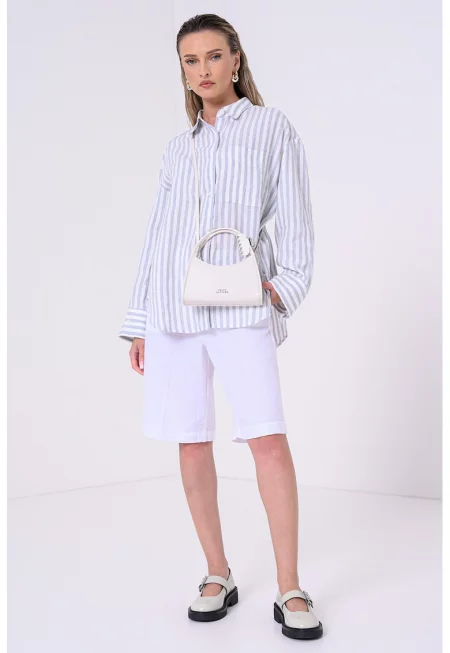 Уголемена ленена риза - Бял/Прашно синьо