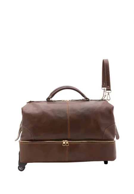 Унисекс кожена пътна чанта с колелца - Сиво-кафяв