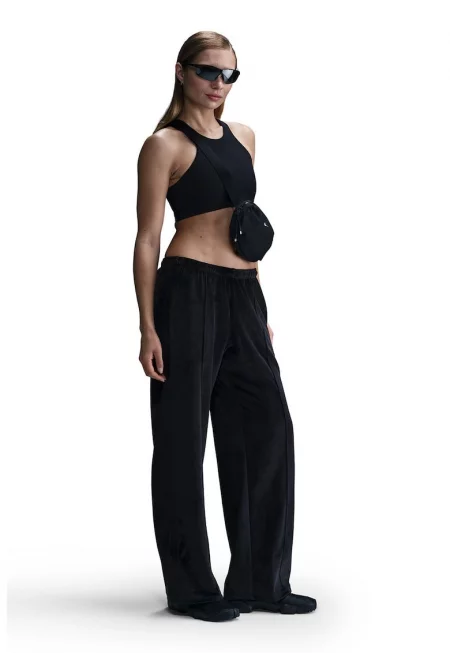 Велурен спортен панталон с широк крачол - Черен