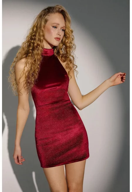 Вталена мини рокля  кадифе - яка тип „халтер“ - червено - джърси