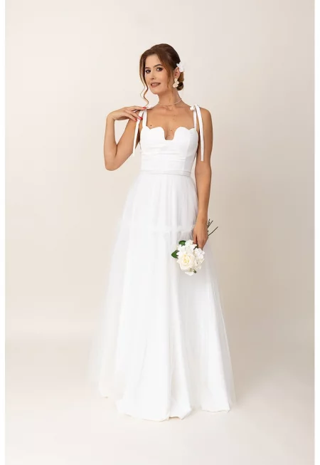 Дълга разкроена рокля с панделки на раменете - Бял