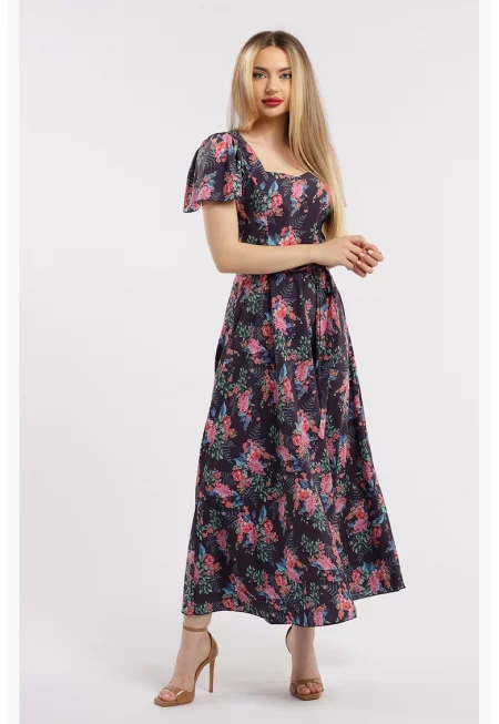 Дълга разкроена рокля с принт - Черен/Розово