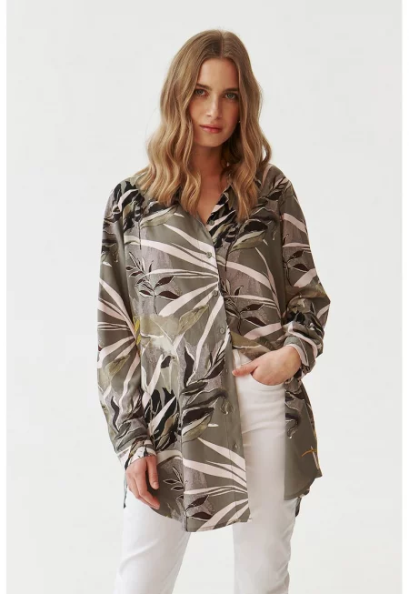 Дълга риза с тропически десен - Бял/Tъмносив