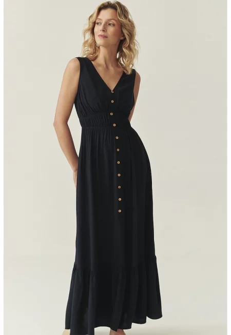 Дълга шпиц рокля с дипли - Черен