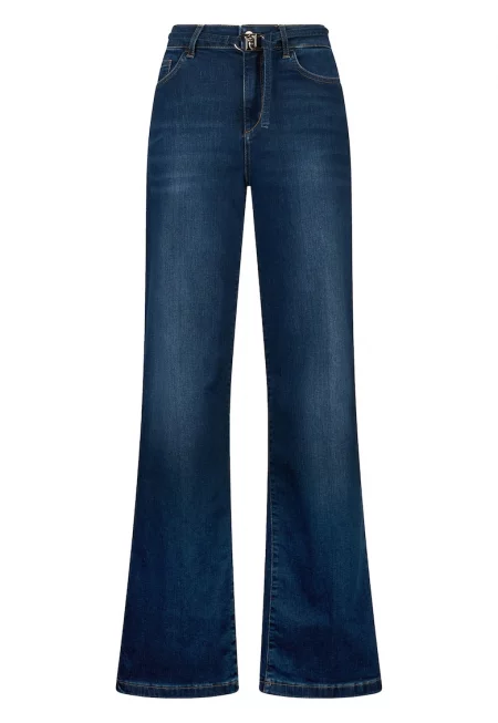 Дънки с широк крачол и висока талия - Петролно синьо