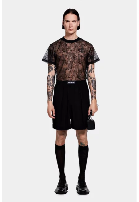 Дантелена тениска с права кройка - Черен