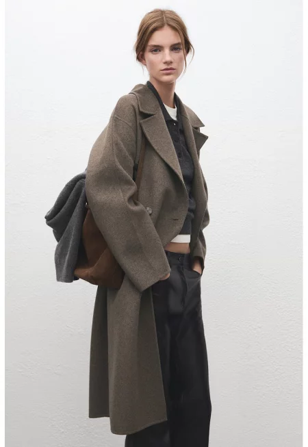 Двуредно палто с вълна - Сиво-кафяв