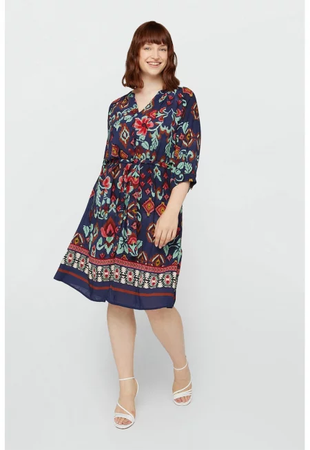 Флорална рокля с 3/4 ръкави - Керемидено червено/Тъмносин