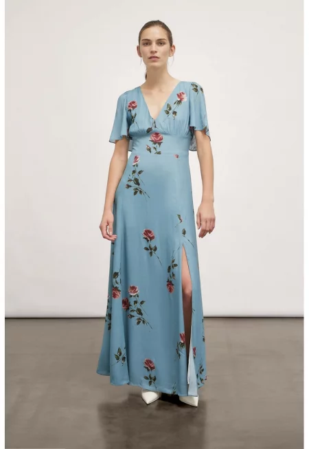 Флорална рокля с цепки встрани - Бледочервен/Син