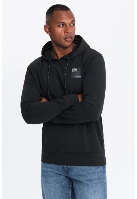 Худи с памук с джоб кенгуру - Черен