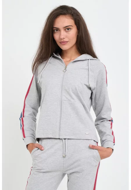 Худи с цип - контрасти и странични ленти - Сив меланж
