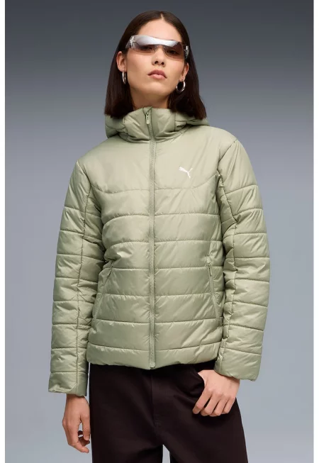 Капитонирано яке с качулка и лого - Бледозелен