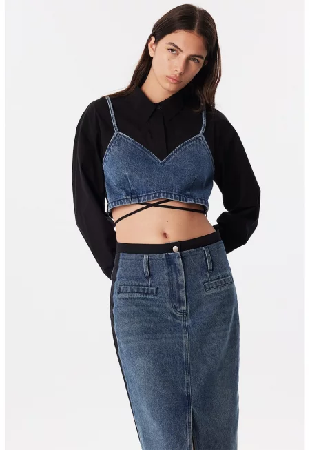 Къса блуза с дизайн 2в1 и кръстосани връзки - Черен/Син