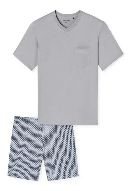 Къса пижама с шпиц - Светло сив/Син