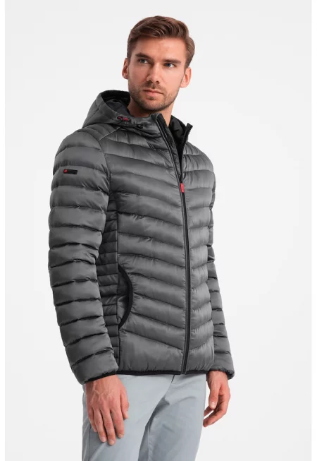 Късо зимно яке с капитониран дизайн - Сив