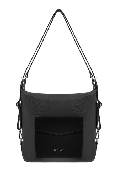 Кожена чанта Хобо с джоб с капаче - Избеляло черно