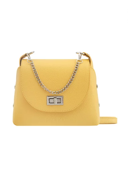 Кожена чанта през рамо с дръжка тип верижка - Шафраново жълто