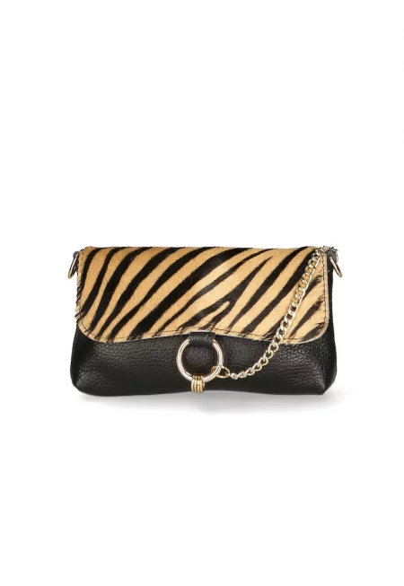 Кожена чанта през рамо с регулираща се презрамка - Черен/Бежов