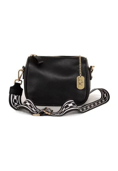 Кожена чанта с текстилна презрамка - Черен