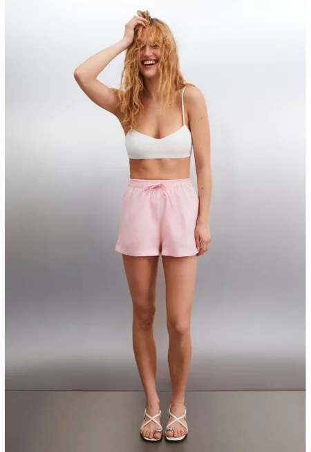 Ленен къс панталон с връзка - Пастелнорозов