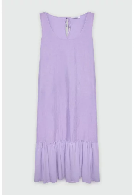 Ленена рокля с набирания - Лилав