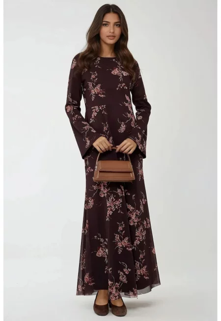 Макси рокля -  флорален принт - многоцветна - тюл