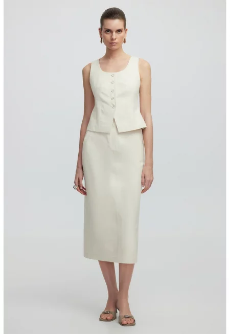 Памучен елек с овално деколте - Крем