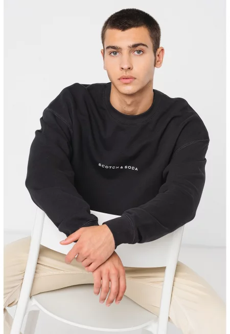 Памучен суитшърт с овално деколте - Черен