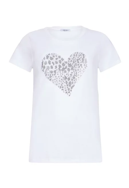 Памучна тениска с декоративни камъни - Бял