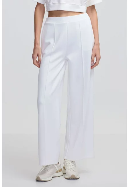 Панталон с широк крачол и висока талия - Бял