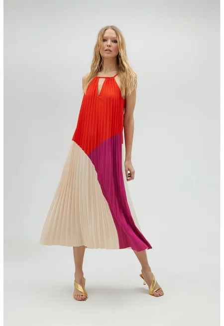 Плисирана рокля с отвор - Аленочервен/Аметист