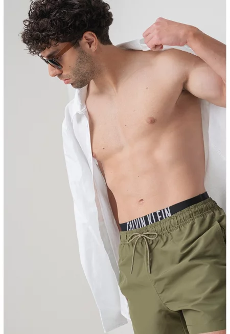 Плувни шорти с връзка и лого - Тъмно каки