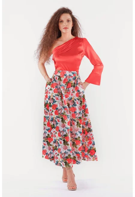 Пола с принт и джобове - Бял/Корал/Син