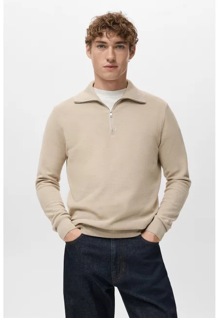 Пуловер с къс цип - Бежов